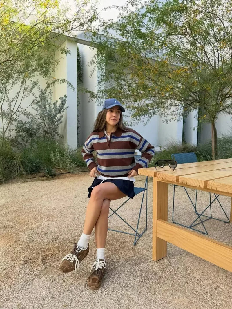  Wide Stripe Polo Neck Loose Version of Long-Sleeved Sweater