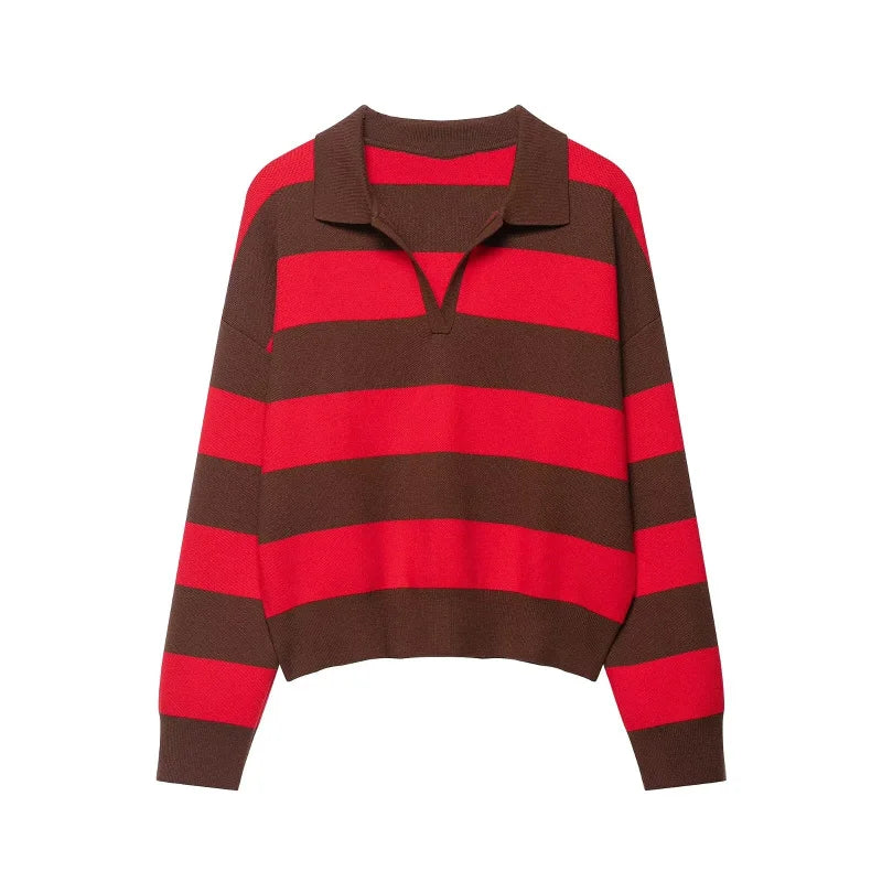  Wide Stripe Polo Neck Loose Version of Long-Sleeved Sweater
