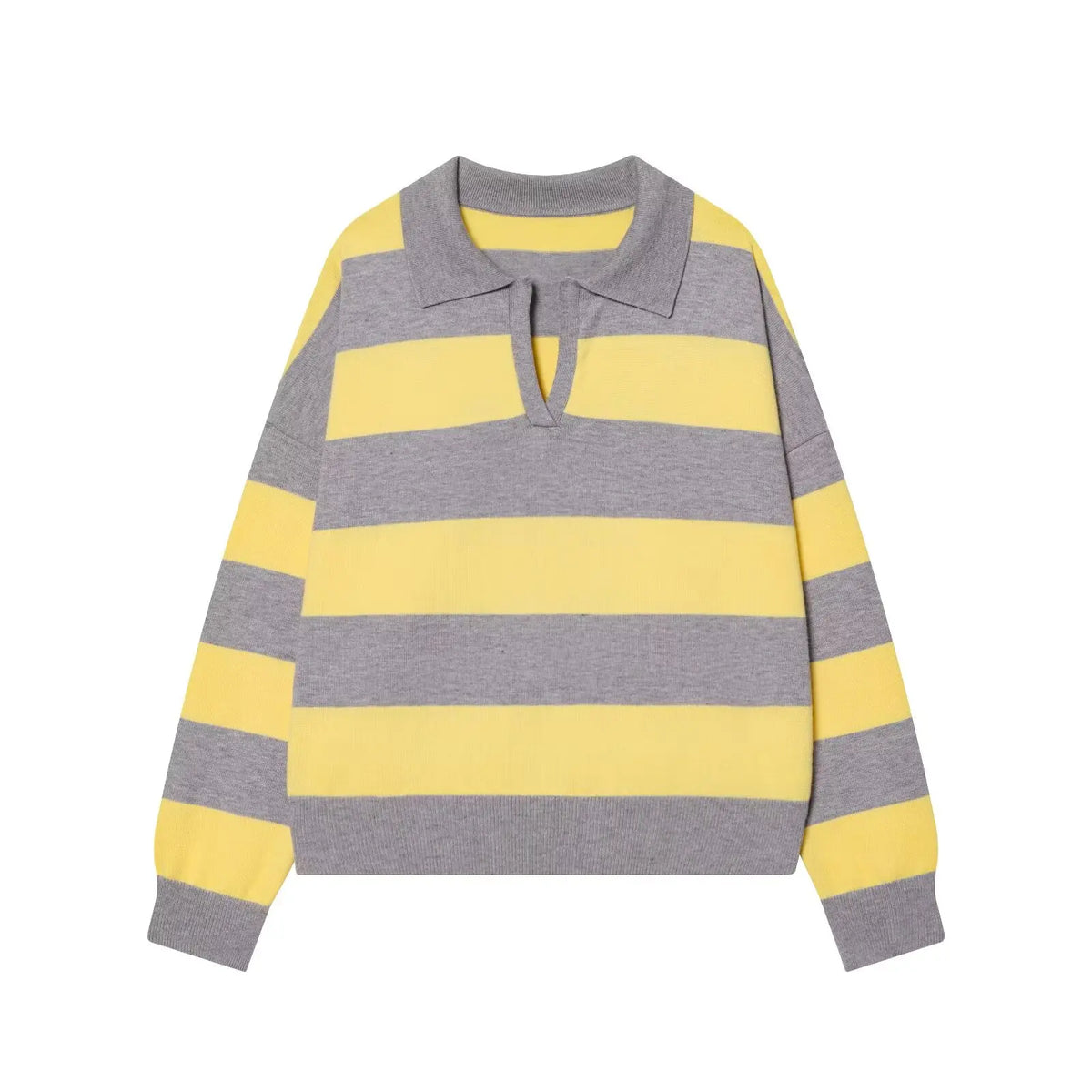  Wide Stripe Polo Neck Loose Version of Long-Sleeved Sweater