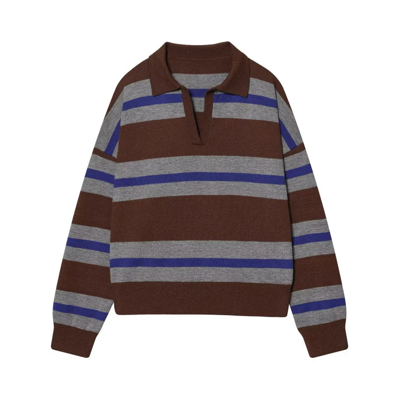  Wide Stripe Polo Neck Loose Version of Long-Sleeved Sweater
