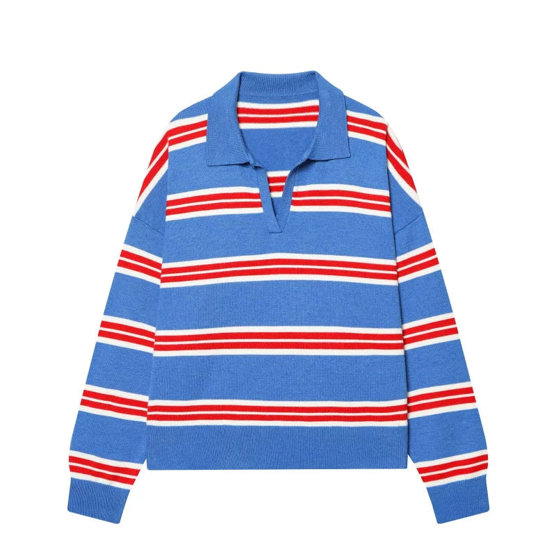  Wide Stripe Polo Neck Loose Version of Long-Sleeved Sweater