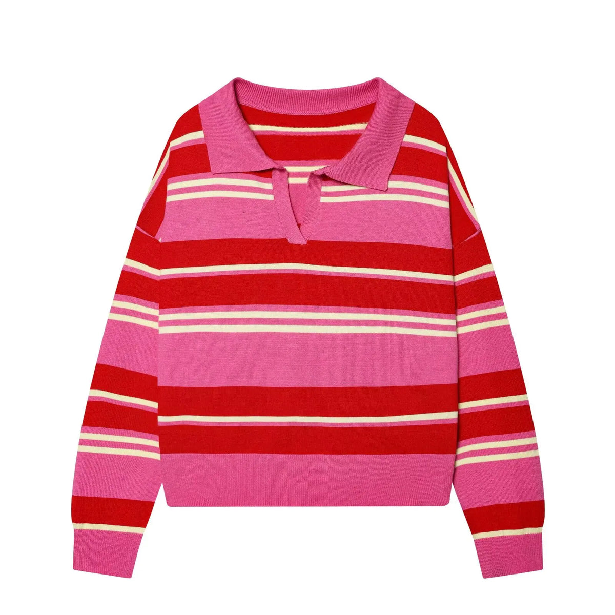  Wide Stripe Polo Neck Loose Version of Long-Sleeved Sweater
