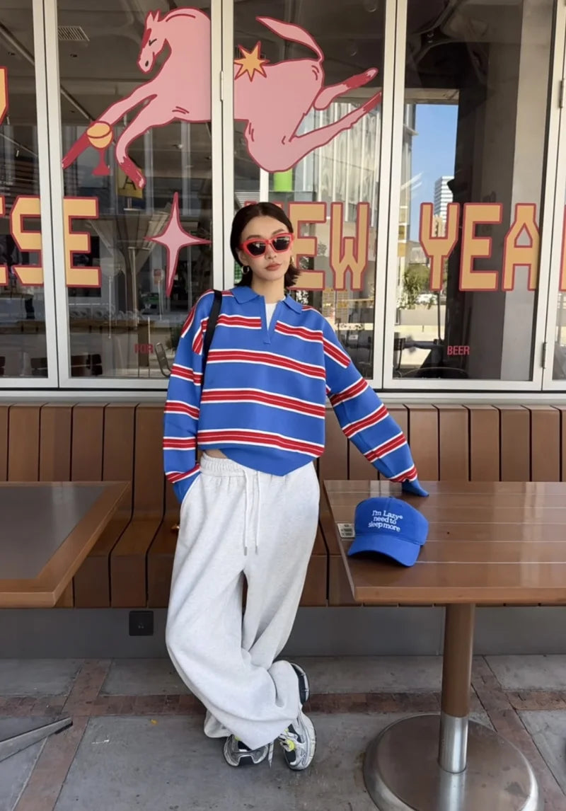  Wide Stripe Polo Neck Loose Version of Long-Sleeved Sweater