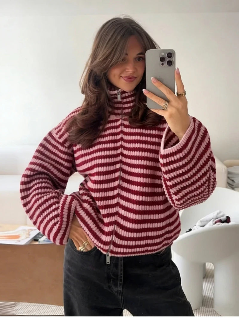  New Spring Striped Loose Knit Cardigans Women Casual Turtleneck