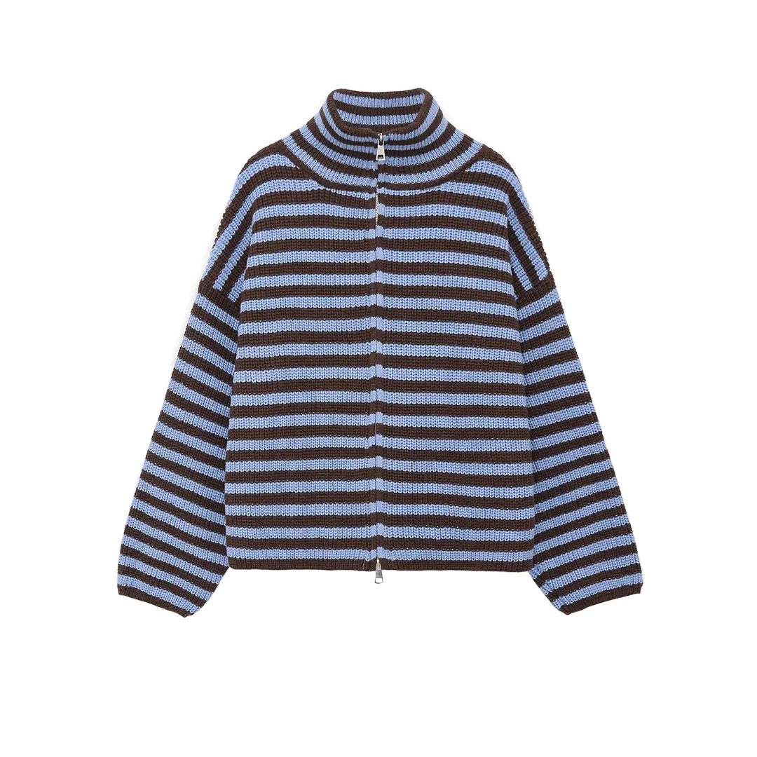  New Spring Striped Loose Knit Cardigans Women Casual Turtleneck