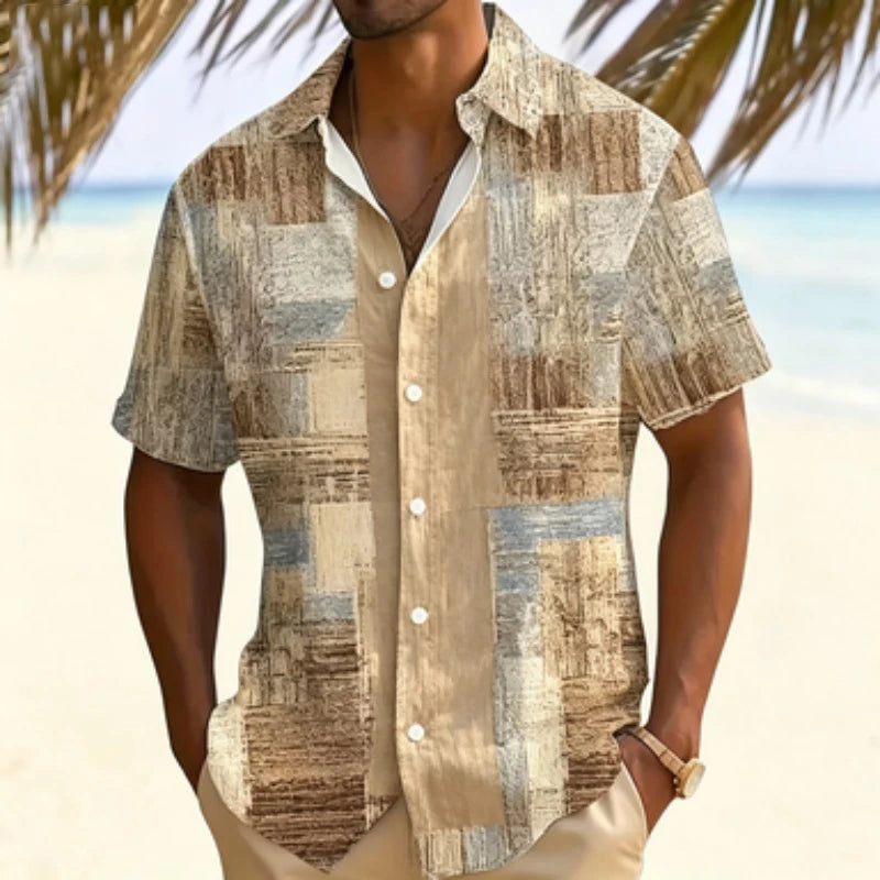 Men's short sleeved shirt with retro wood grain block print