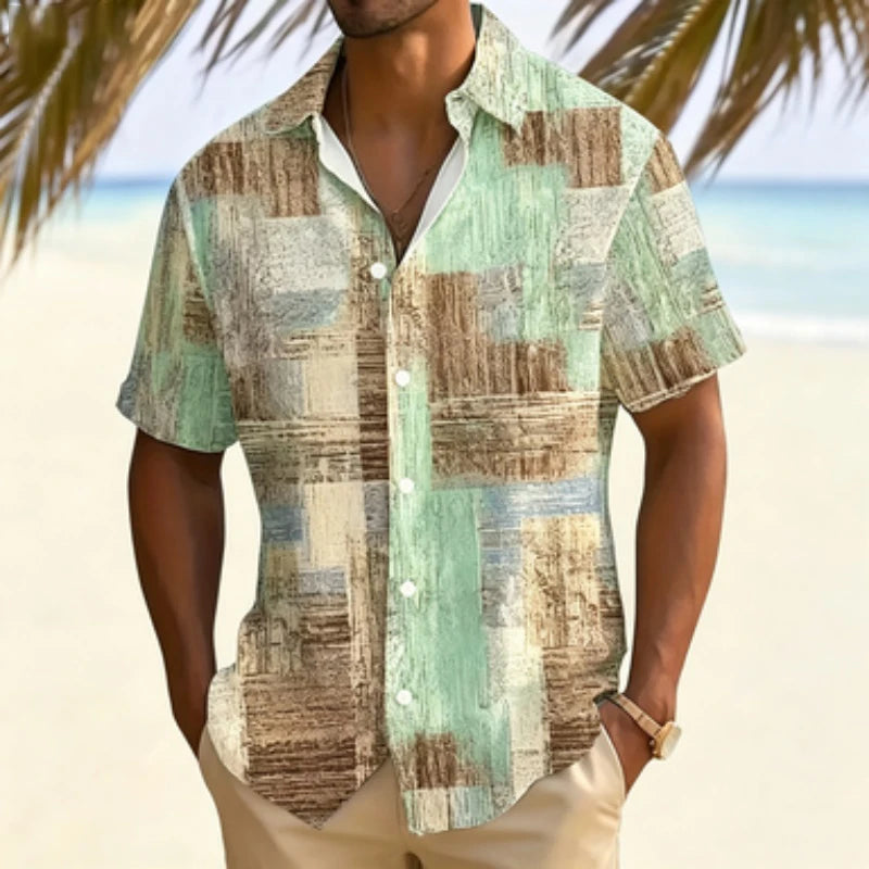 Men's short sleeved shirt with retro wood grain block print