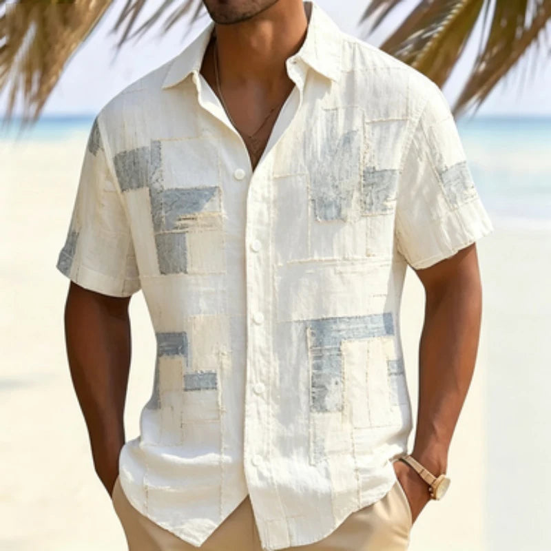 Men's short sleeved shirt with retro wood grain block print