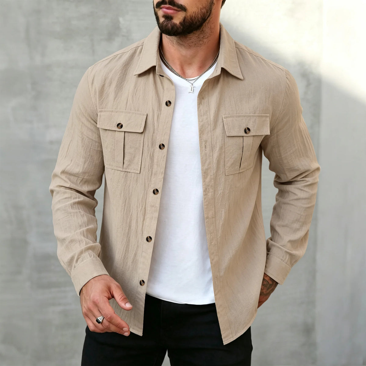 Mens Flax Long Sleeve Button Up Shirts,