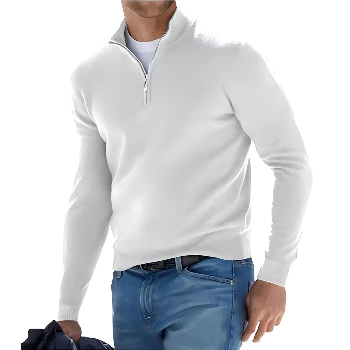 New Men's Long Sleeve Pullover Solid Color Half Zipper Sweaters V-neck
