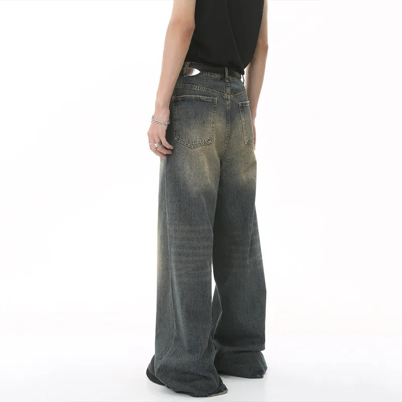 Denim Pants Old Blue Washed Male Jeans Straight Casual Men wear Loose Wide Leg Trousers New Fashion
