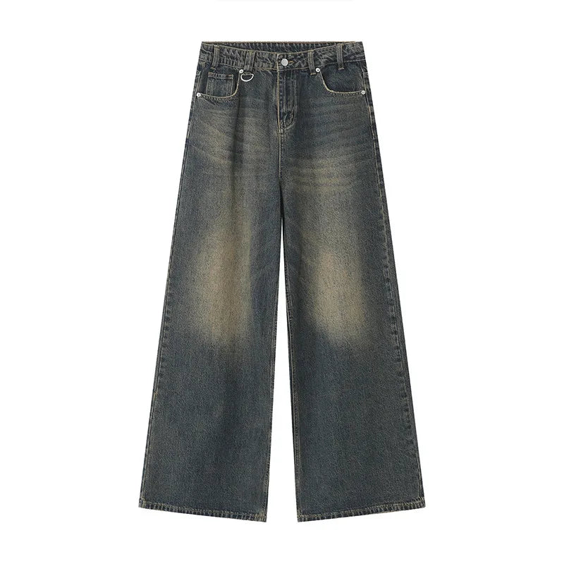 Denim Pants Old Blue Washed Male Jeans Straight Casual Men wear Loose Wide Leg Trousers New Fashion