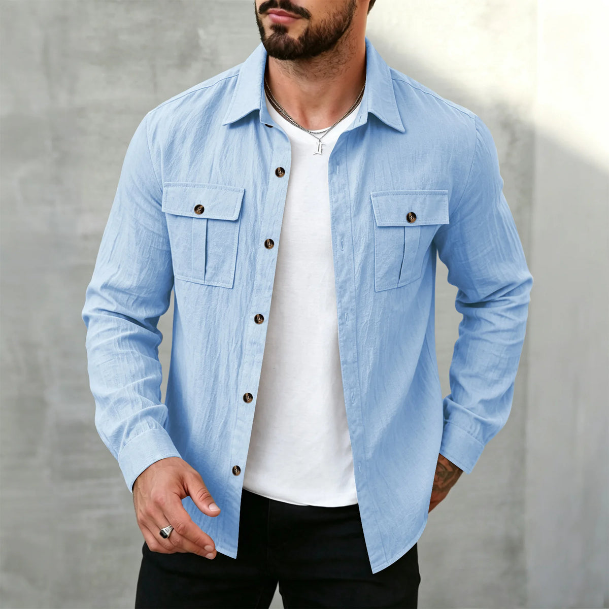Mens Flax Long Sleeve Button Up Shirts,