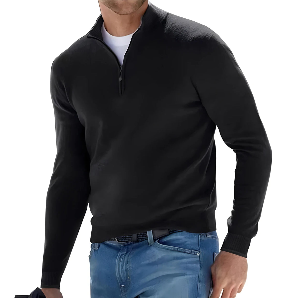 New Men's Long Sleeve Pullover Solid Color Half Zipper Sweaters V-neck