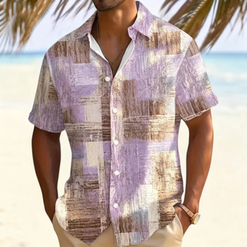 Men's short sleeved shirt with retro wood grain block print