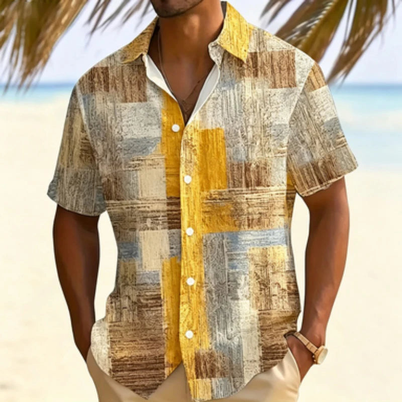 Men's short sleeved shirt with retro wood grain block print