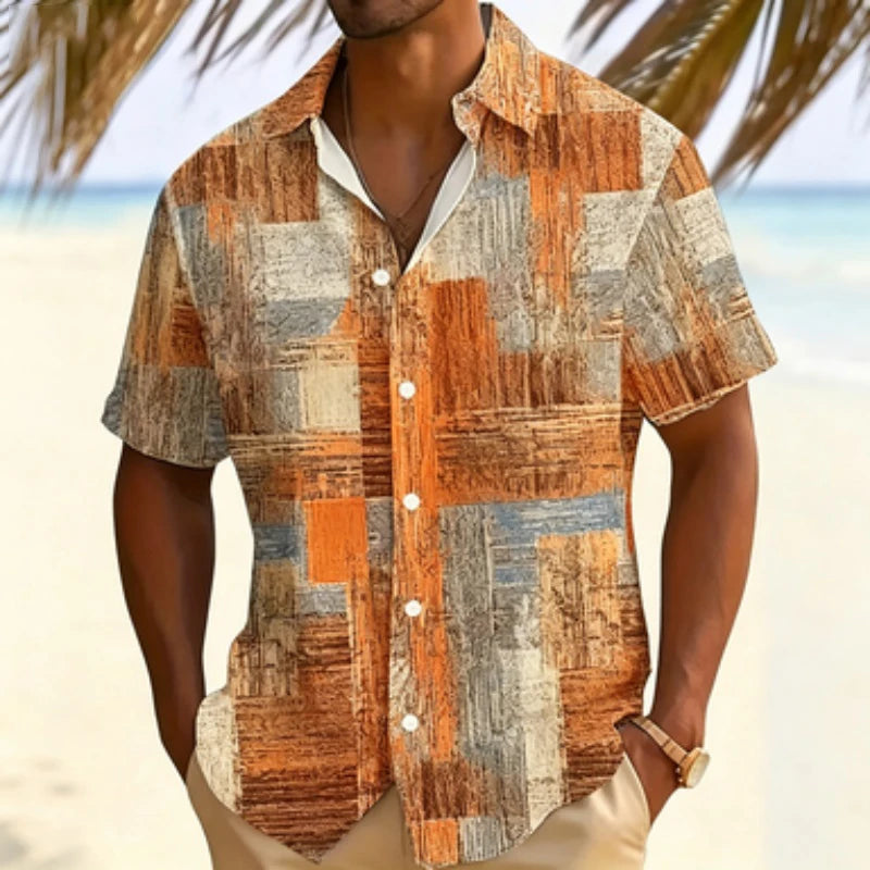 Men's short sleeved shirt with retro wood grain block print