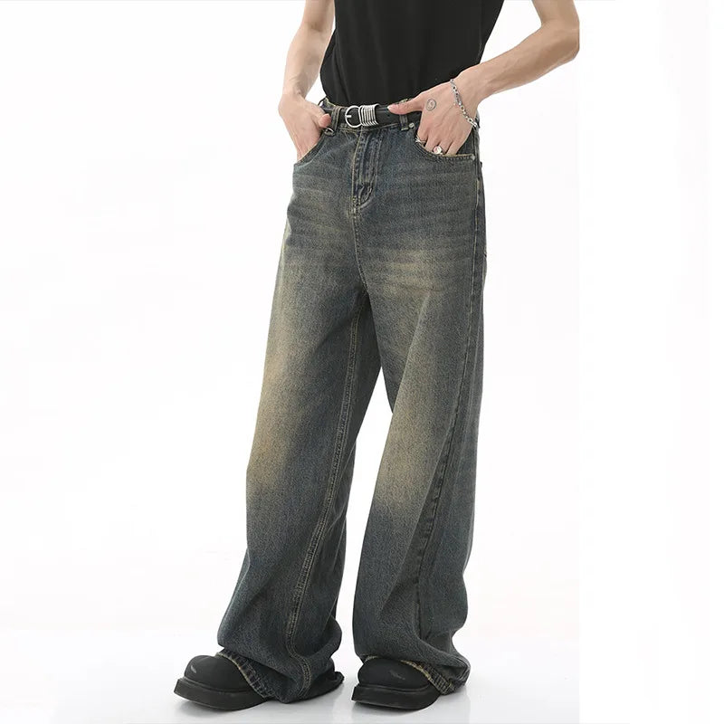 Denim Pants Old Blue Washed Male Jeans Straight Casual Men wear Loose Wide Leg Trousers New Fashion
