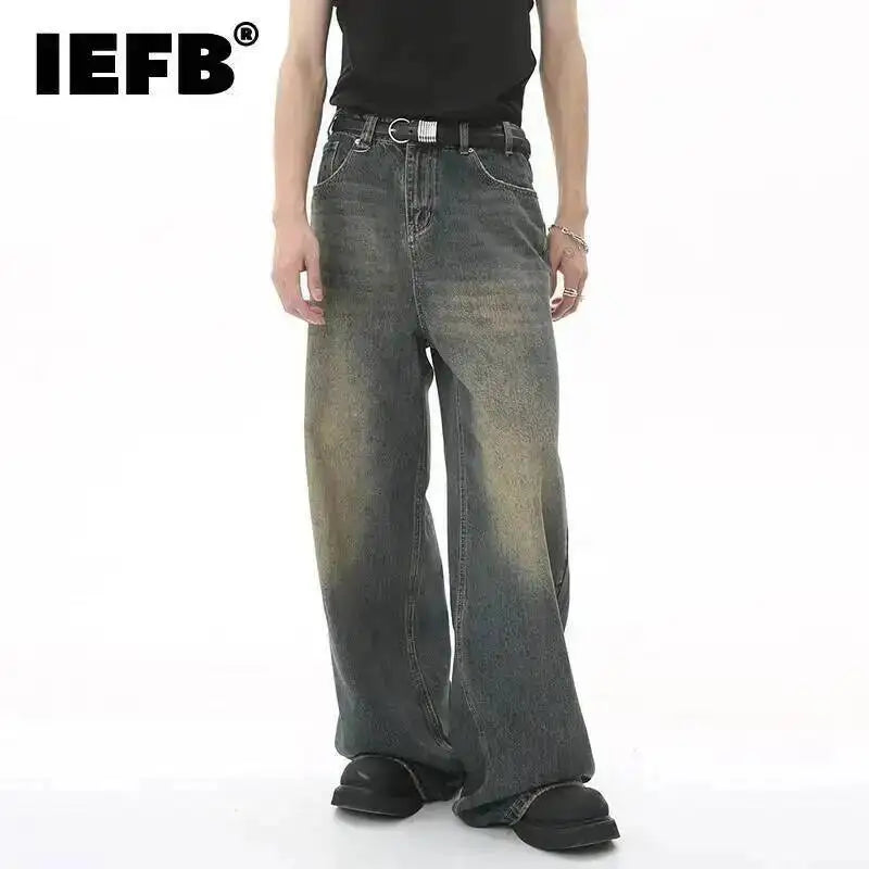 Denim Pants Old Blue Washed Male Jeans Straight Casual Men wear Loose Wide Leg Trousers New Fashion