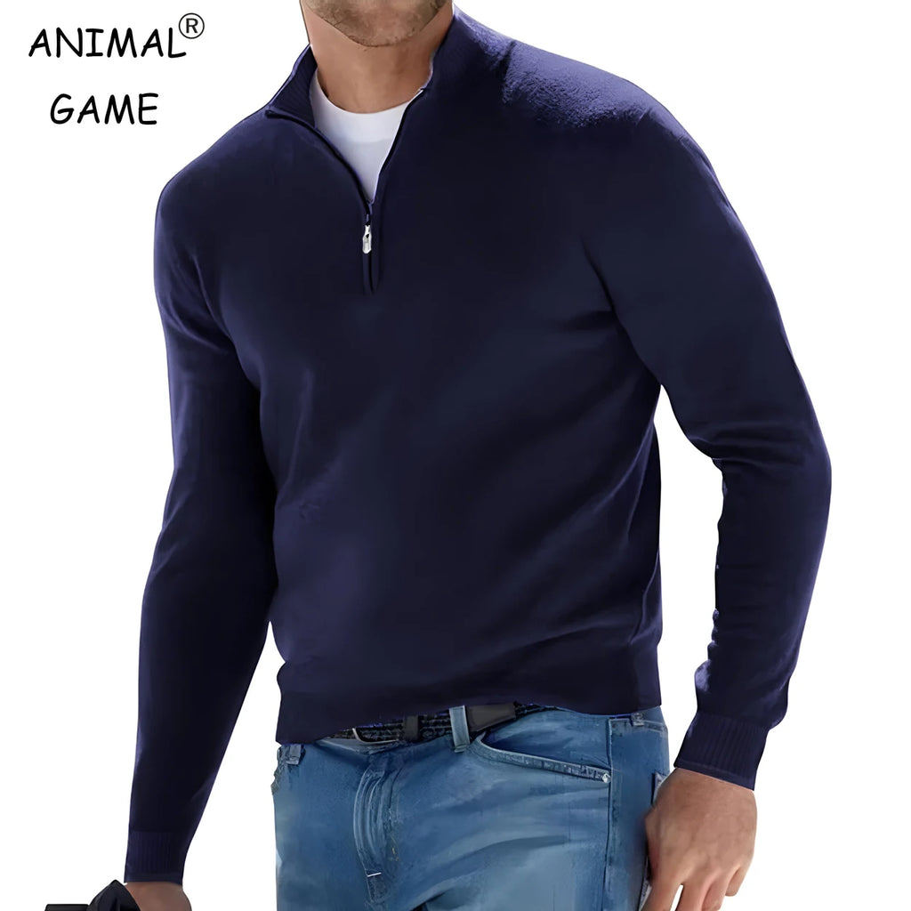 New Men's Long Sleeve Pullover Solid Color Half Zipper Sweaters V-neck