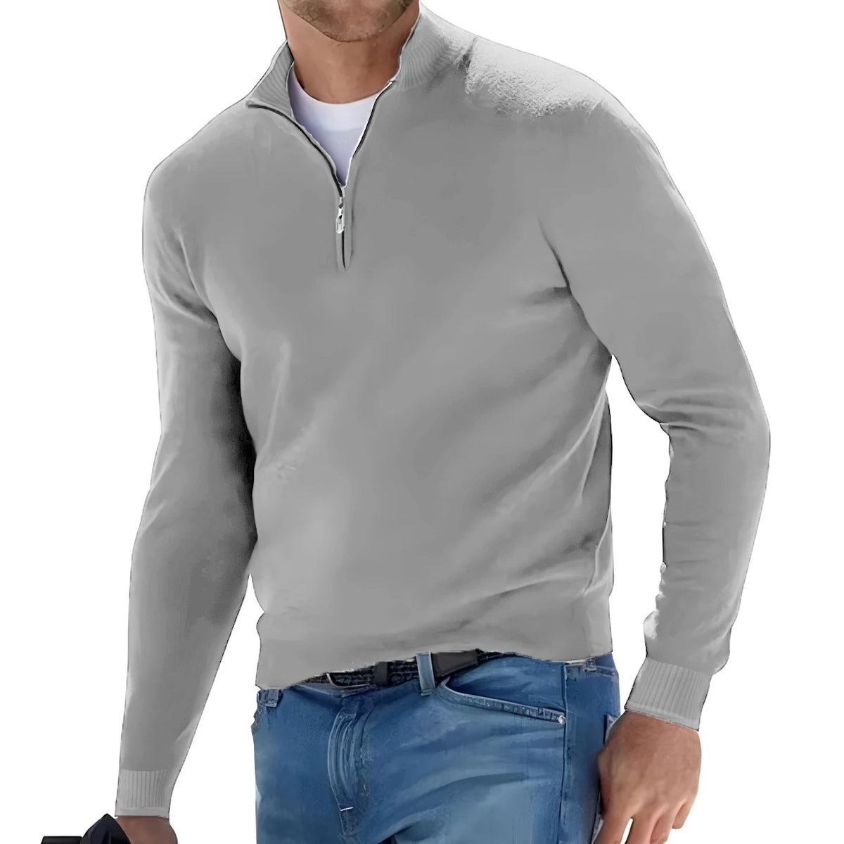 New Men's Long Sleeve Pullover Solid Color Half Zipper Sweaters V-neck