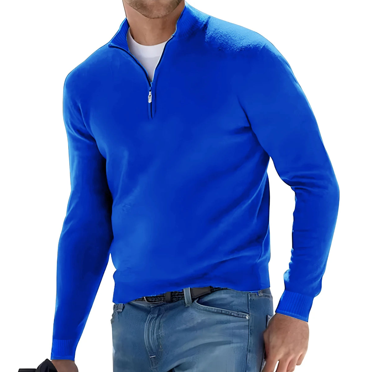 New Men's Long Sleeve Pullover Solid Color Half Zipper Sweaters V-neck