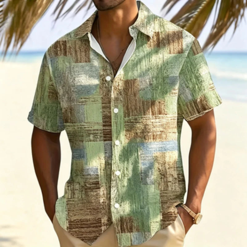 Men's short sleeved shirt with retro wood grain block print