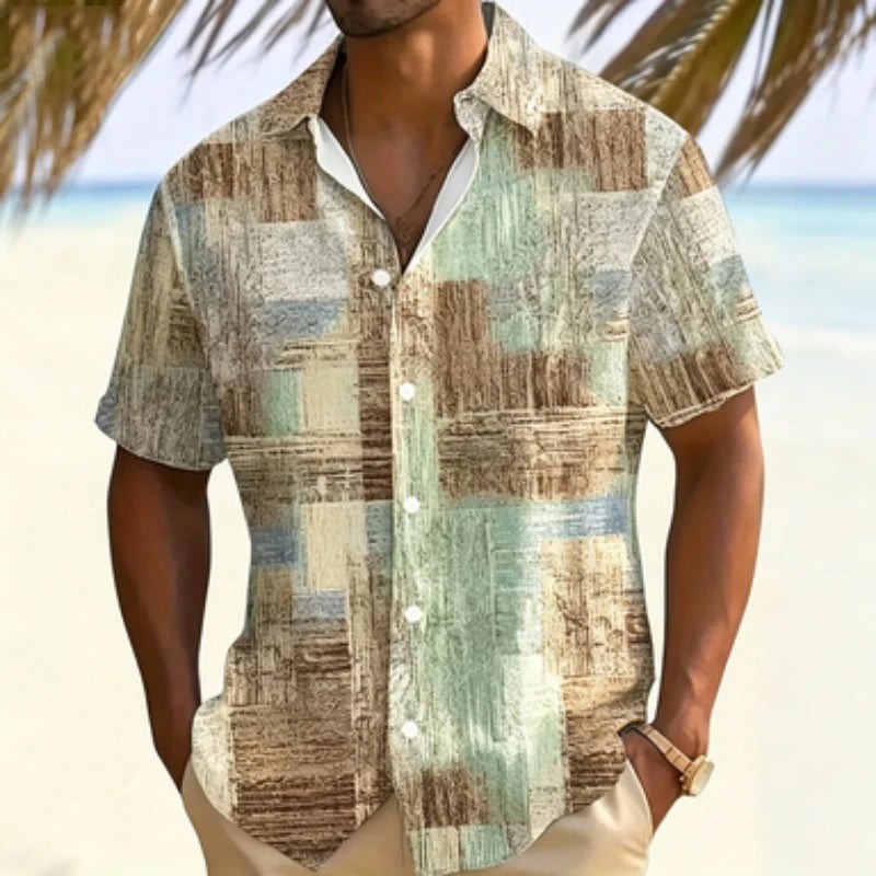 Men's short sleeved shirt with retro wood grain block print