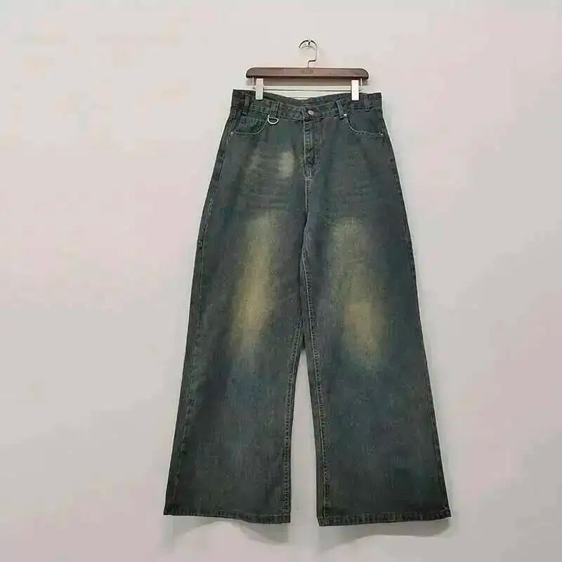 Denim Pants Old Blue Washed Male Jeans Straight Casual Men wear Loose Wide Leg Trousers New Fashion