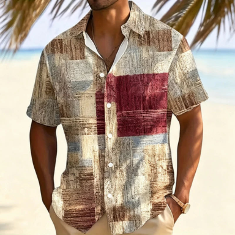 Men's short sleeved shirt with retro wood grain block print