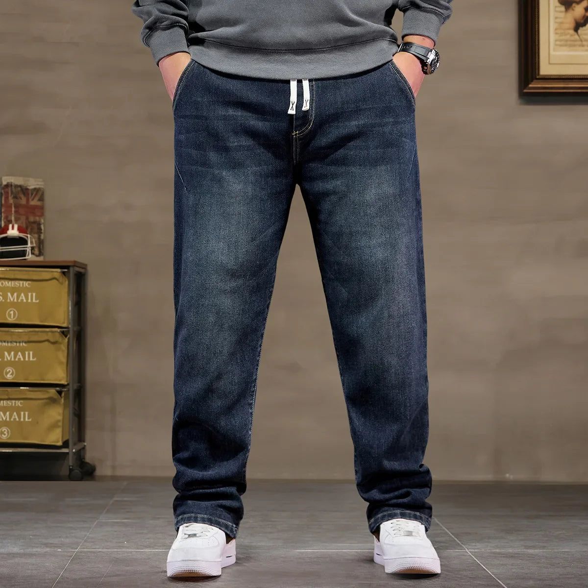 Extra Big Size Jeans Men High Elastic Waist Baggy Denim Pant