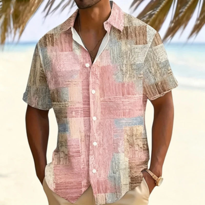 Men's short sleeved shirt with retro wood grain block print