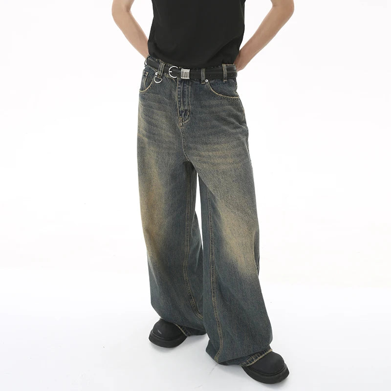 Denim Pants Old Blue Washed Male Jeans Straight Casual Men wear Loose Wide Leg Trousers New Fashion