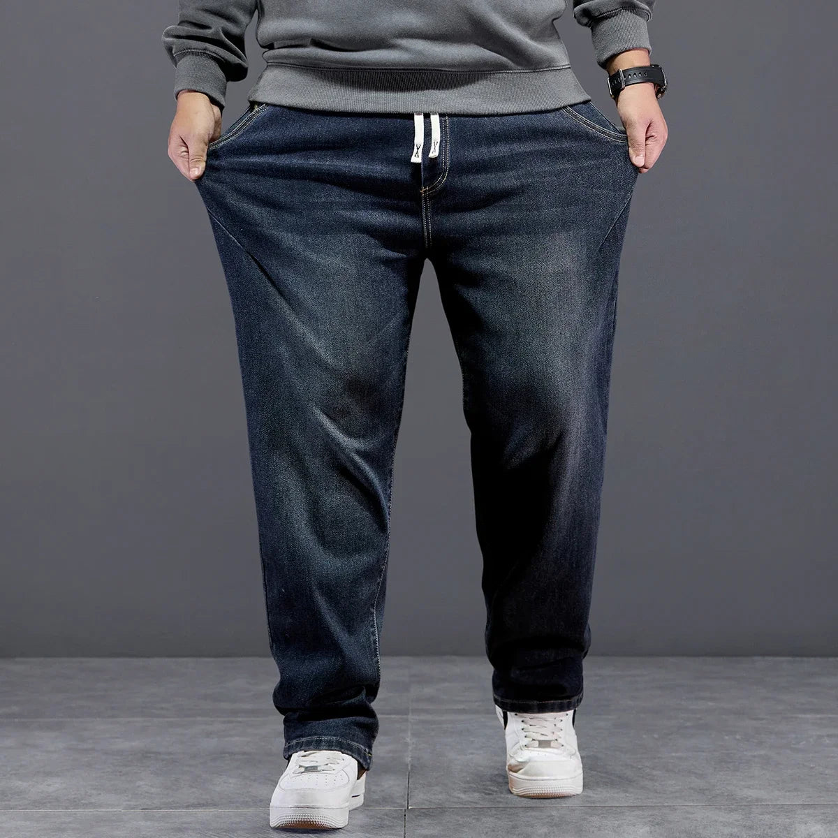 Extra Big Size Jeans Men High Elastic Waist Baggy Denim Pant