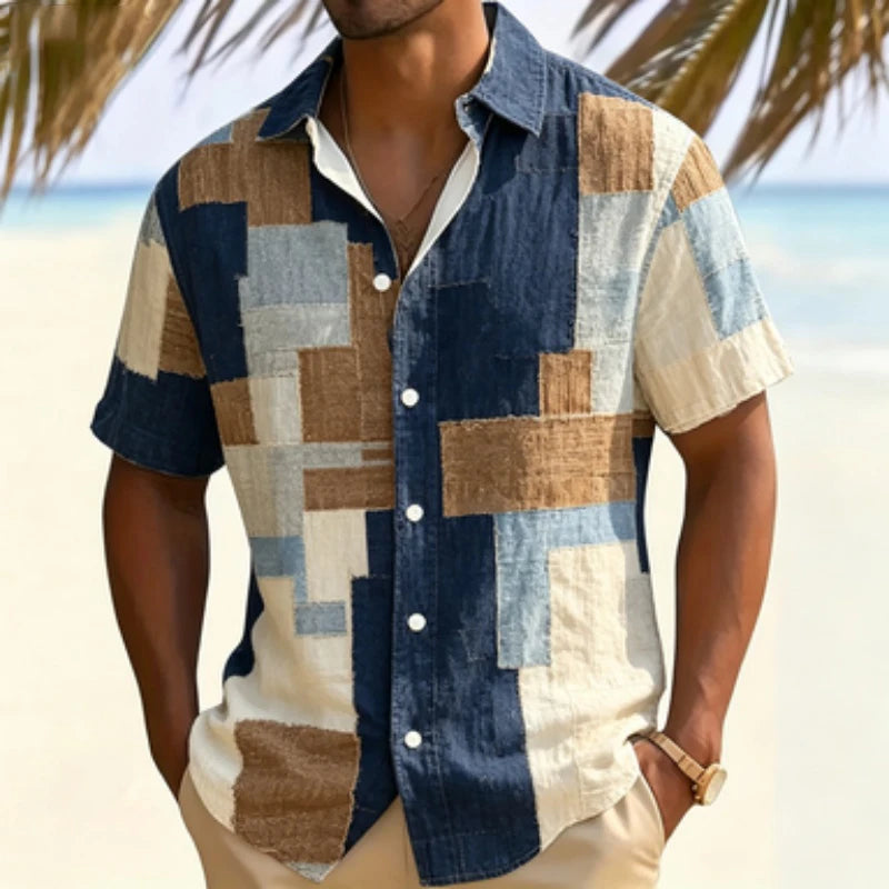 Men's short sleeved shirt with retro wood grain block print