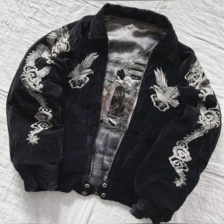 Dragon Pattern Bomber Jackets High Quality Embroidered Y2k Zipper Fleece Lined Coat