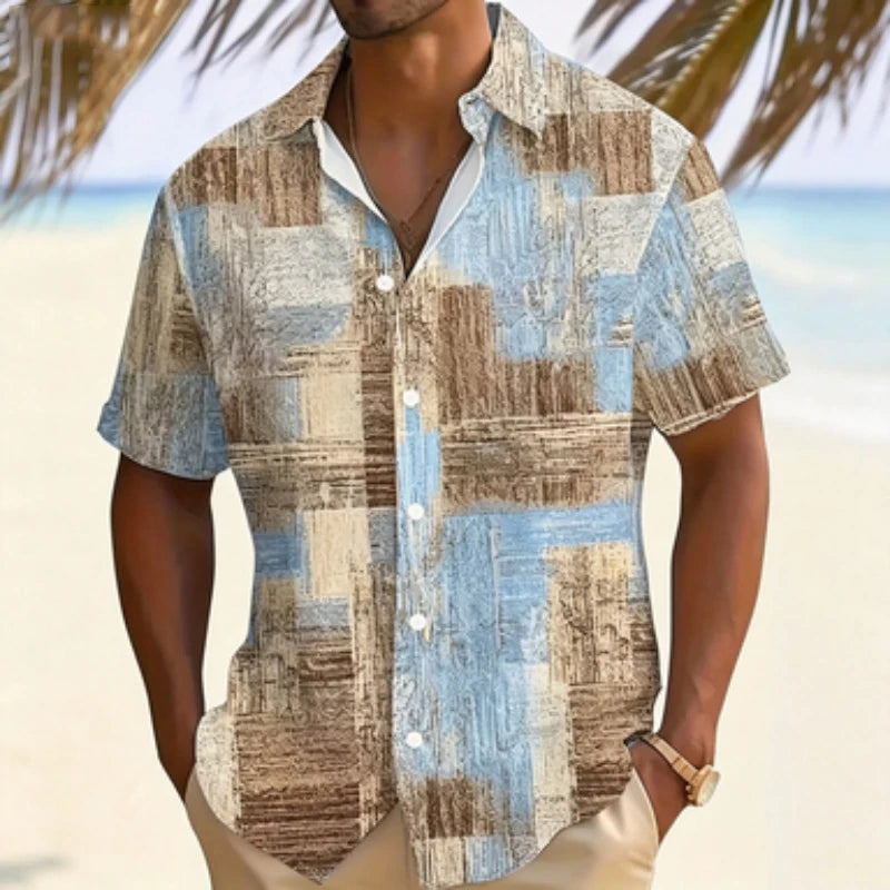 Men's short sleeved shirt with retro wood grain block print