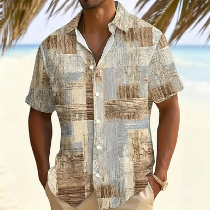 Men's short sleeved shirt with retro wood grain block print