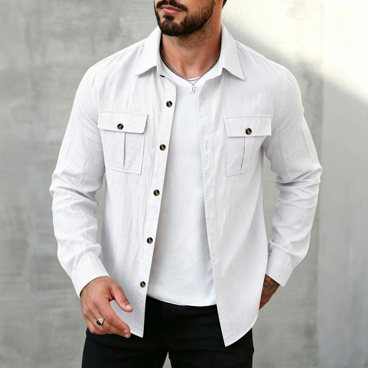 Mens Flax Long Sleeve Button Up Shirts,