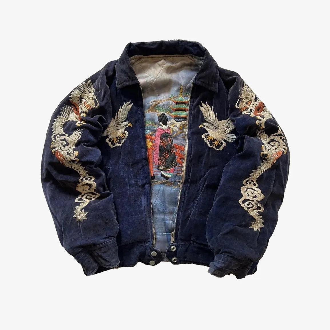 Dragon Pattern Bomber Jackets High Quality Embroidered Y2k Zipper Fleece Lined Coat