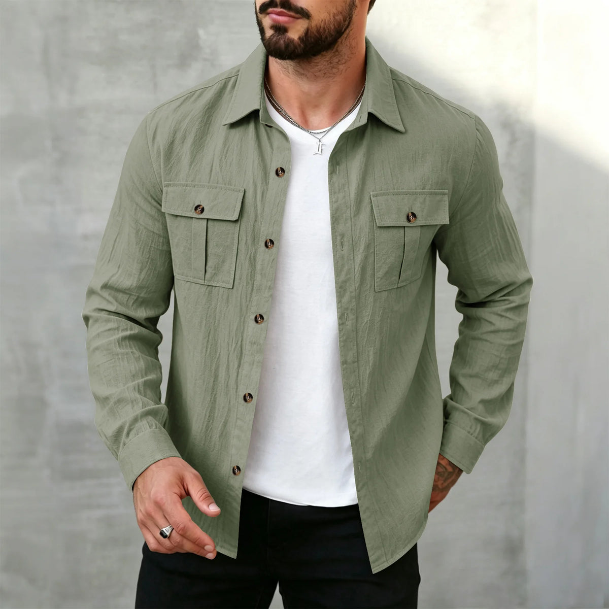Mens Flax Long Sleeve Button Up Shirts,