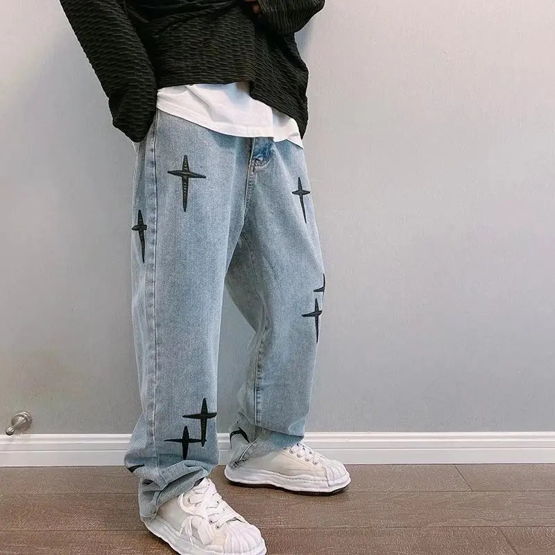 Prints Jeans Men New Streetwear Baggy Wide Leg Jeans
