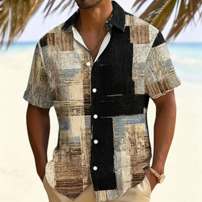 Men's short sleeved shirt with retro wood grain block print