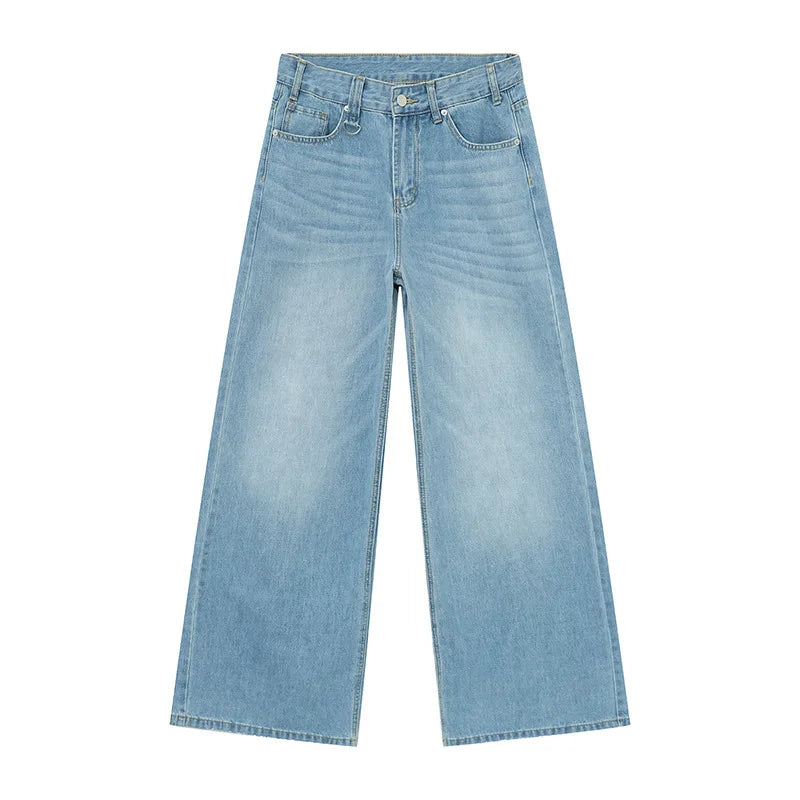 Denim Pants Old Blue Washed Male Jeans Straight Casual Men wear Loose Wide Leg Trousers New Fashion
