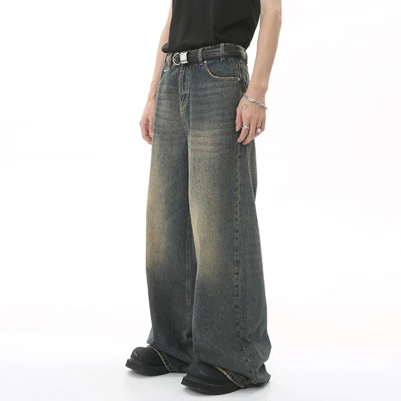 Denim Pants Old Blue Washed Male Jeans Straight Casual Men wear Loose Wide Leg Trousers New Fashion