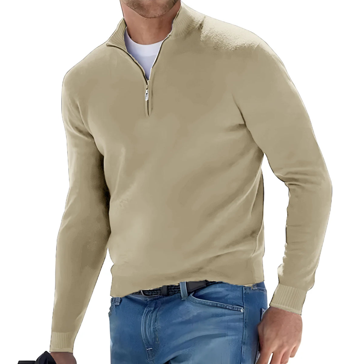 New Men's Long Sleeve Pullover Solid Color Half Zipper Sweaters V-neck