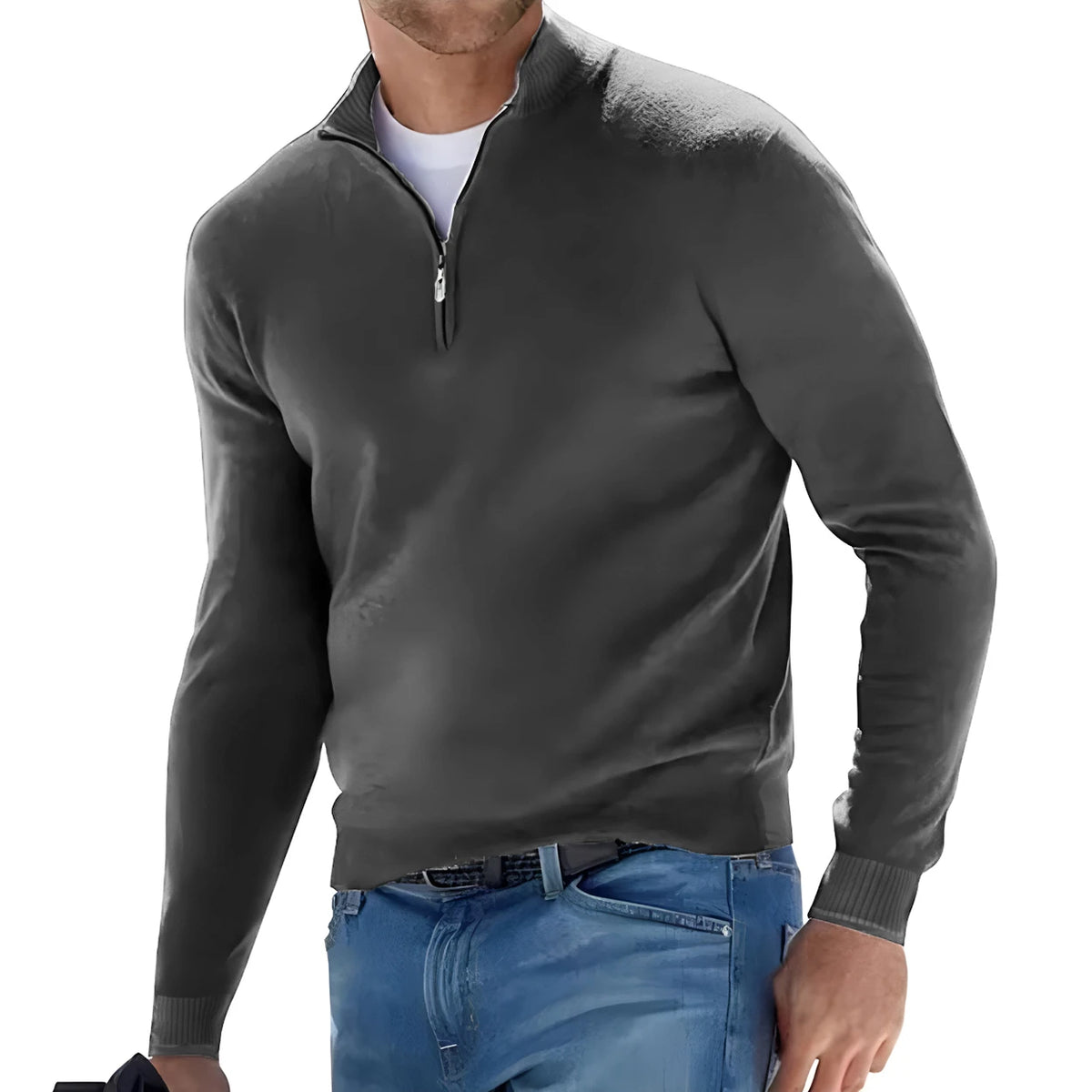 New Men's Long Sleeve Pullover Solid Color Half Zipper Sweaters V-neck
