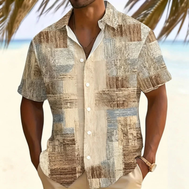 Men's short sleeved shirt with retro wood grain block print