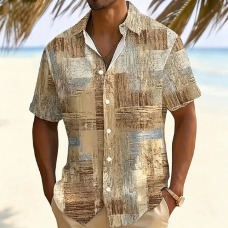 Men's short sleeved shirt with retro wood grain block print