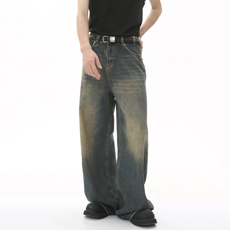 Denim Pants Old Blue Washed Male Jeans Straight Casual Men wear Loose Wide Leg Trousers New Fashion